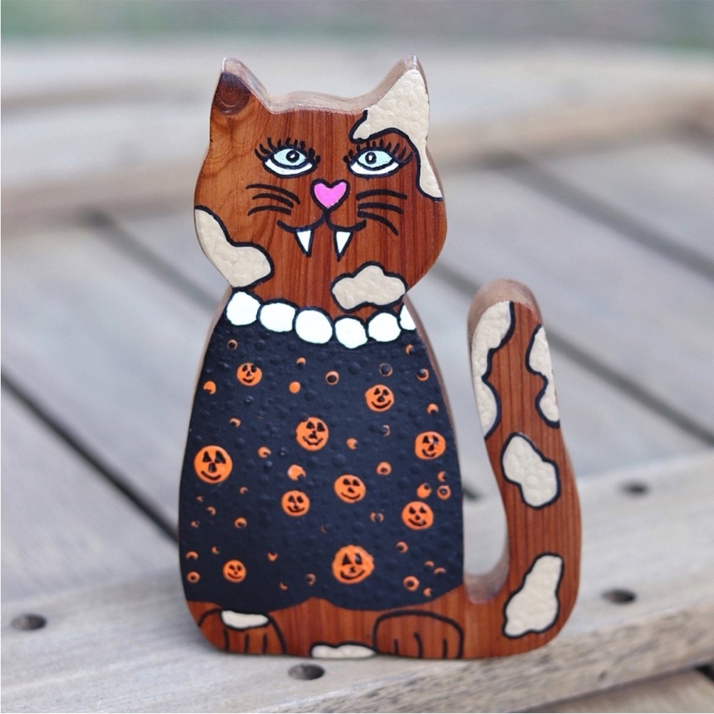 OOAK Wooden Vampire Cat Statue Bookend Hand Painted Pumpkin Sweater